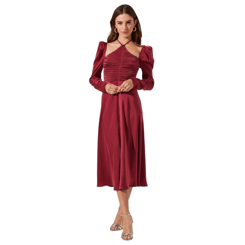 Astr the Label Cinched Halter Tie Satin Midi Dress Size Small Dark Red
